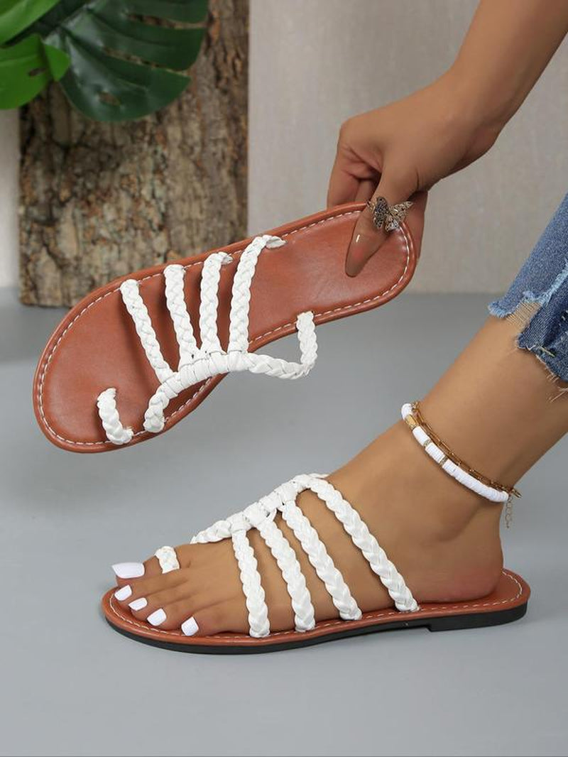 Women'S Minimalist Plain Braid Design Slip on Toe Thong Flat Sandals, Casual Summer Beach Sandals, New Trendy Sandals for Outdoor Beach